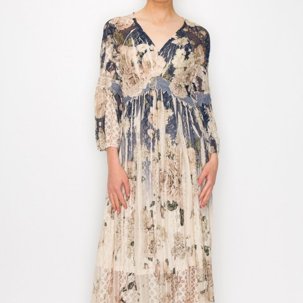 NEW ORIGAMI FLORAL LACE LINED MAXI bohemian navy Magnolia dress SM-3XL stunning